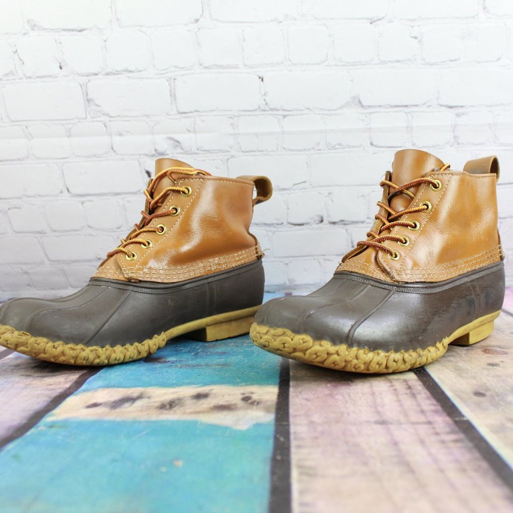LL Bean Brown Leather Unlined Lace-up Ankle Duck Boots Size M 7  L 9 - Picture 2 of 9